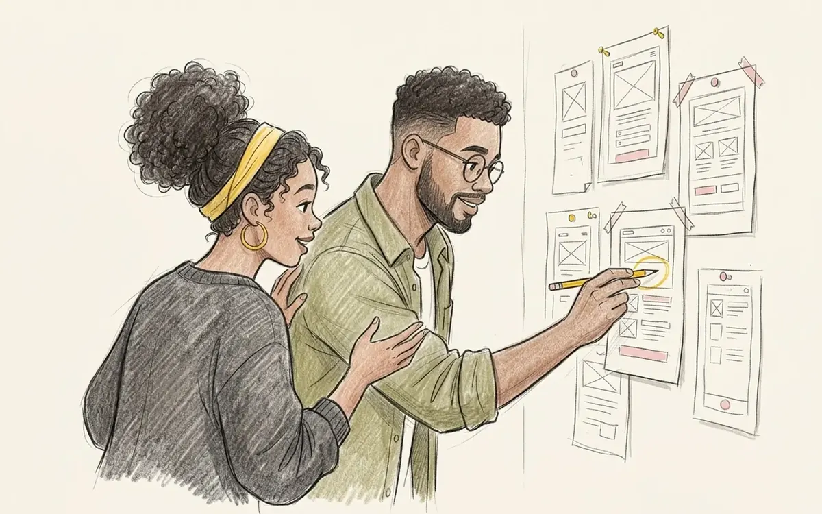 Two people pinning sketches to a wall and circling one