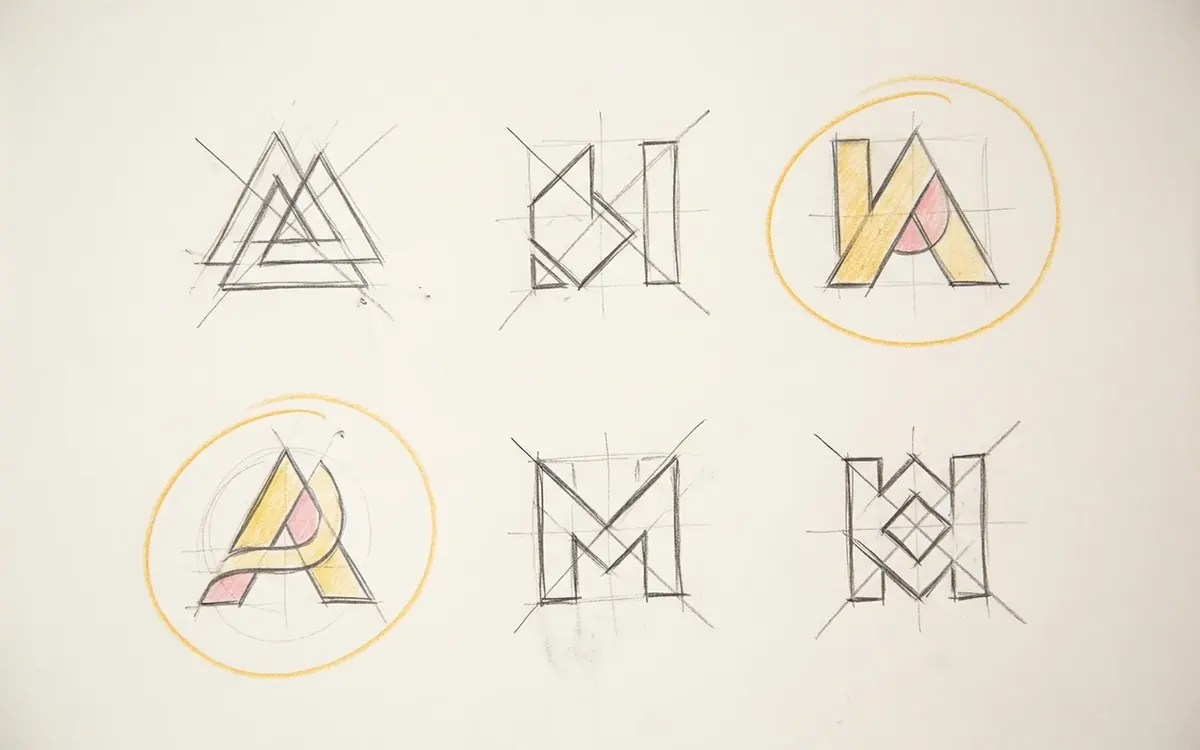 Six rough logo sketches on one sheet, two circled in yellow