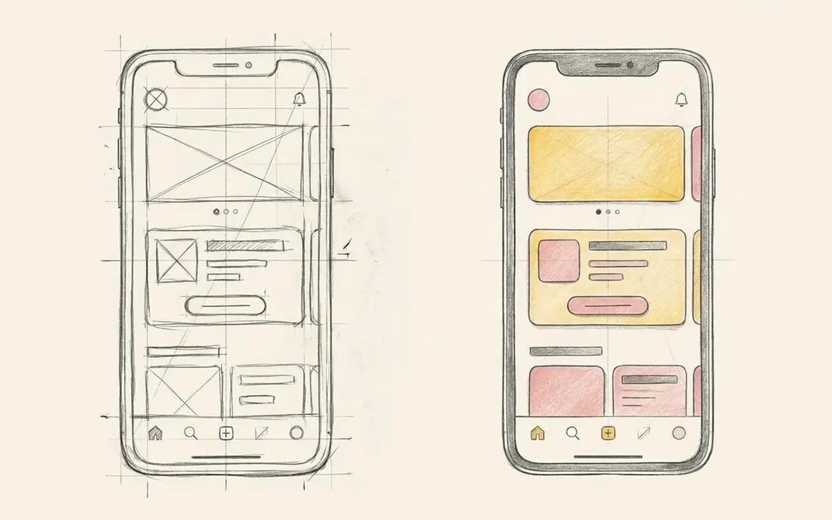 A phone wireframe in pencil beside the same screen finished in colour