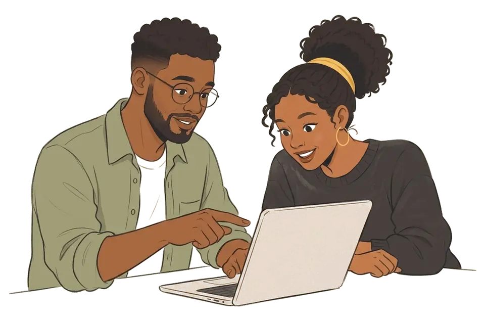 Two people review a design together on a laptop