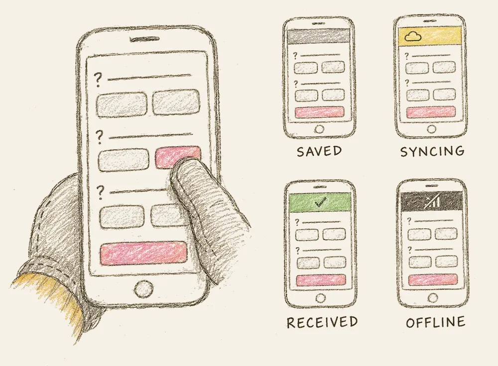A gloved thumb pressing a large answer button, beside the same screen in four states: saved, syncing, received and offline