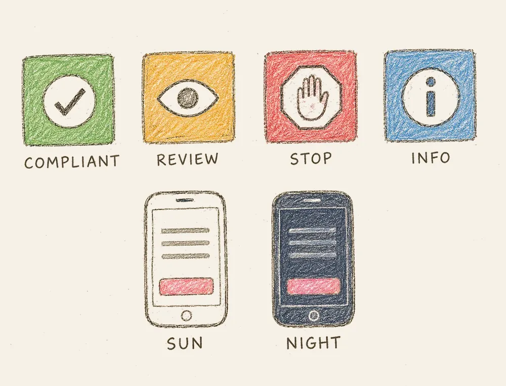 Status colours green, amber, red and blue, each with an icon and a word, and the same screen in a sun theme and a night theme