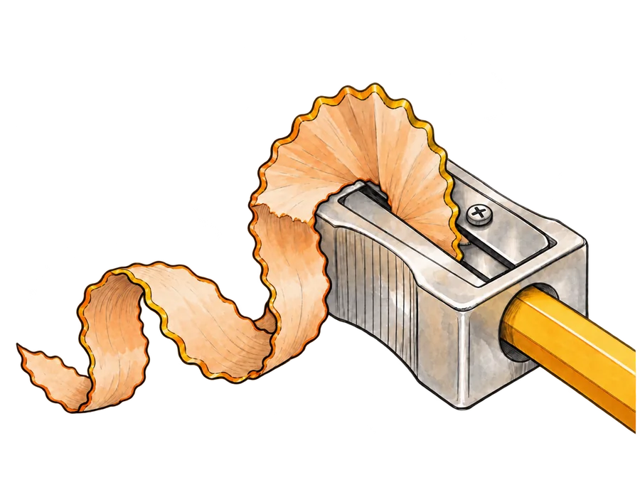 A pencil being sharpened, one curled shaving