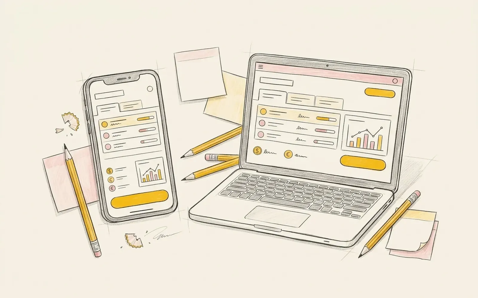 Hand-drawn Flykimo screens on a phone and laptop