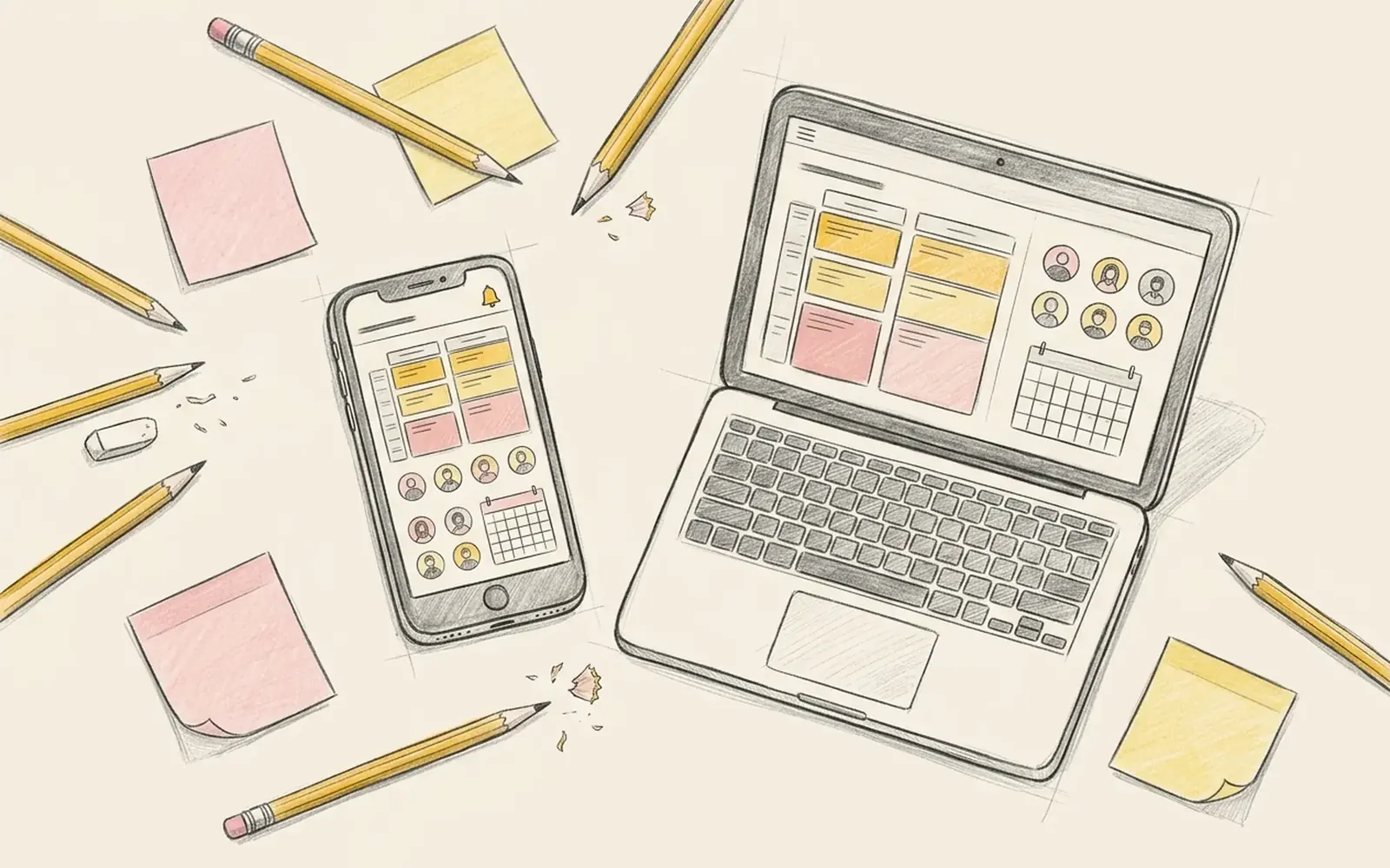 Hand-drawn Onimde screens on a phone and laptop