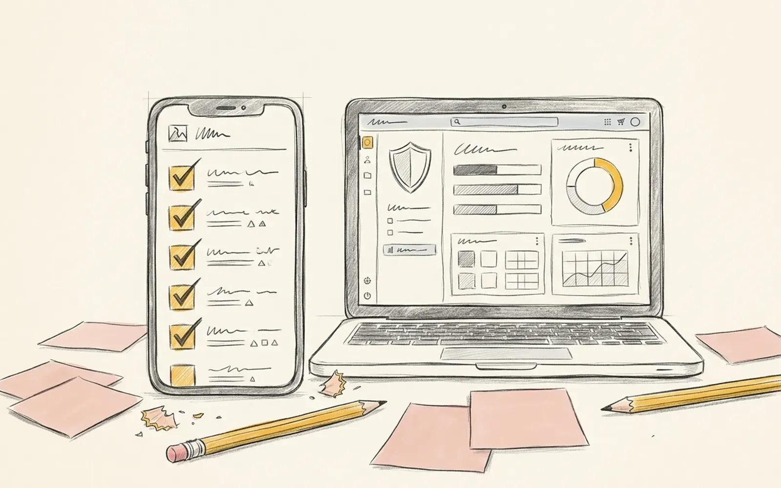 Hand-drawn Vigilo screens on a phone and laptop